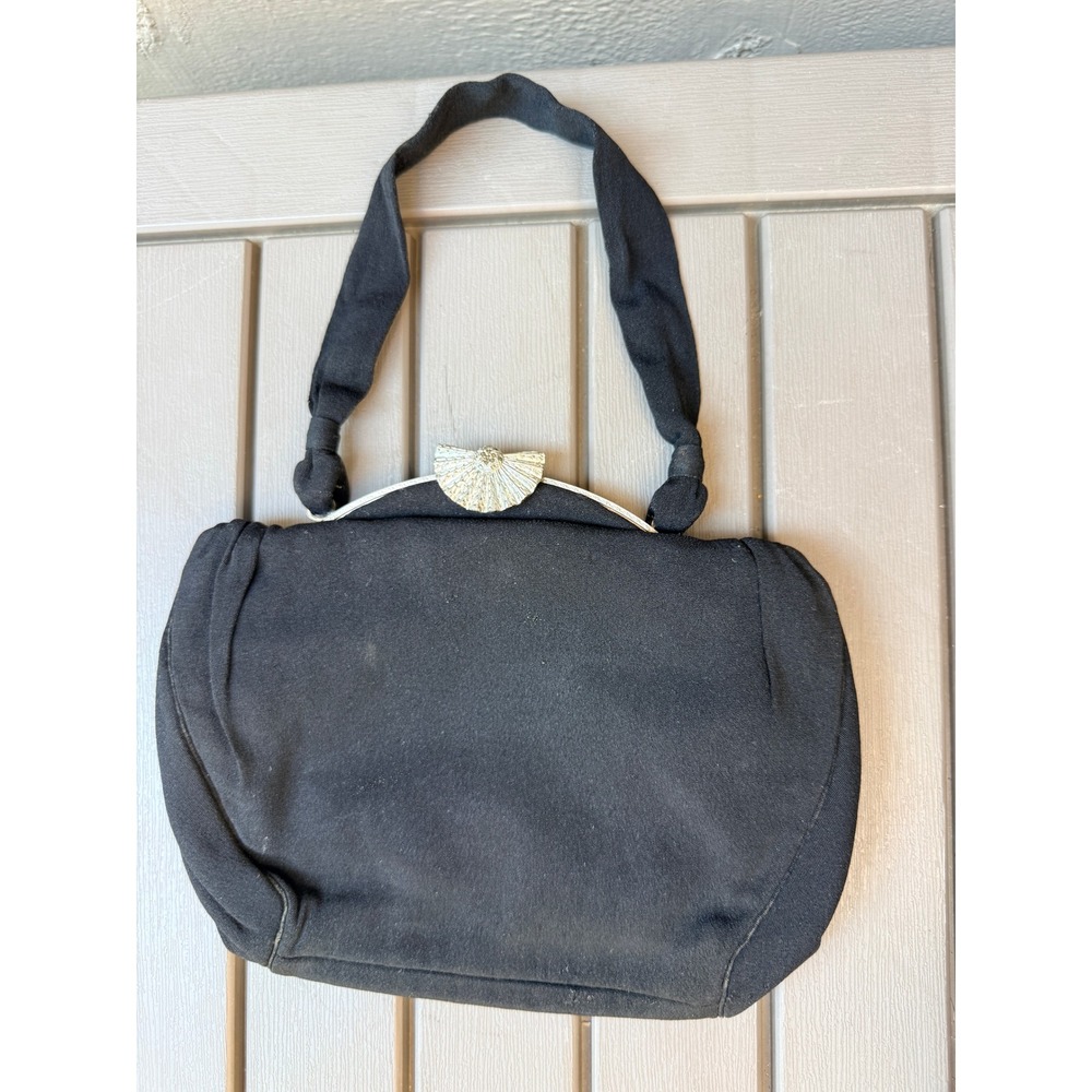Vintage Black Fabric Handbag Silver Tone Fan Clasp Mid Century Evening Bag -BE